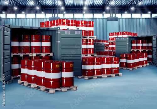 Warehouse of chemistry products. Barrels for toxic products near shipping containers. Barrels for chemistry with flammable symbol. Logistic warehouse inside hangar. Barrels on pallets. 3d rendering.