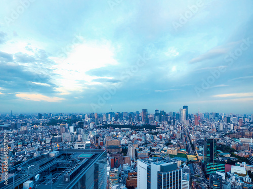 Photography Aerial View of Shibuya, Japan with the Shinjuku skyline in the background