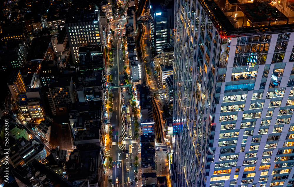 Aerial View of Shibuya, Tokyo, Japan at night