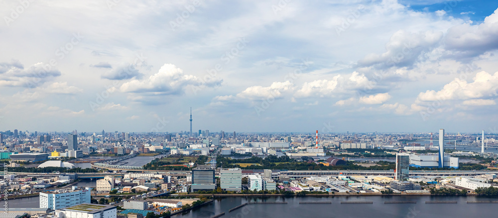 Obraz premium Aerial view of Odaiba Harbor in Minato City, Tokyo, Japan