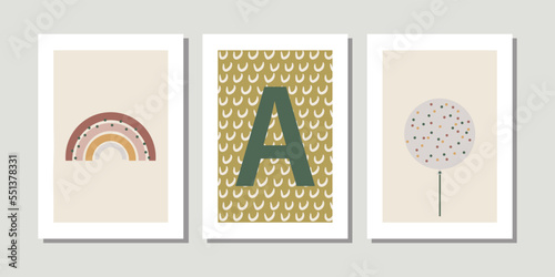 Kids, child art interior home decor. Letter A. 3 pieces frame canvas wall art. Colorful prints with shapes, Rainbow, balloon. Element for design. Three vertical frame posters on floor with white walls
