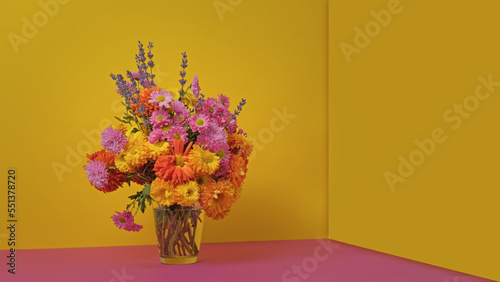 Chrysanthemums flowers in vase. Bouquet of colorful autumn fresh flowers for decoration home. Florist, floristry, Flowers bunch