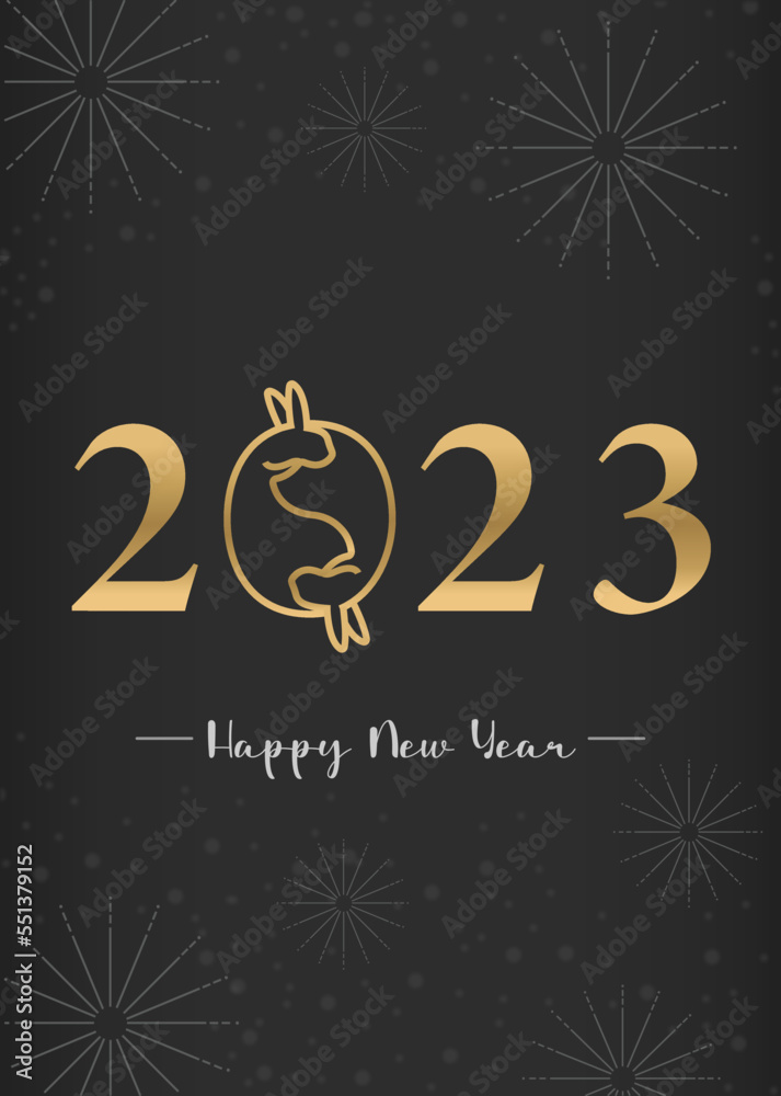 Happy New Year 2023 gold text grey background illustration card
