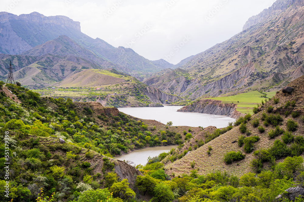 Dagestan mountains and landscape, beautiful views and spectacular beauty and the river flows between the mountains and the canyon