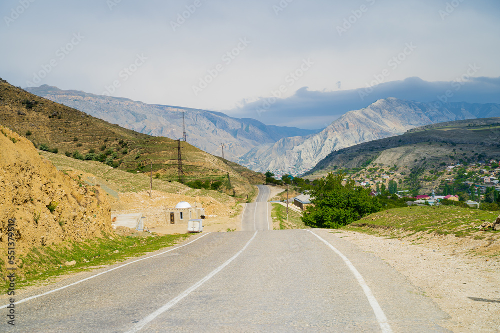 Dagestan mountains and landscape, beautiful views and a road into the distance between mountains