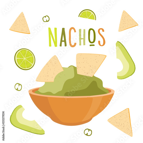 vector illustration of nachos and guacamole for brochures, banners, restaurant and cafe menus