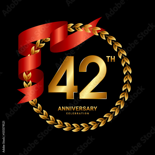 42th Anniversary Celebration. Anniversary Logo Design with Laurel Wreath and Red Ribbon for Celebration Event, Wedding, Invitation, Greeting Card. Logo Vector Illustration photo