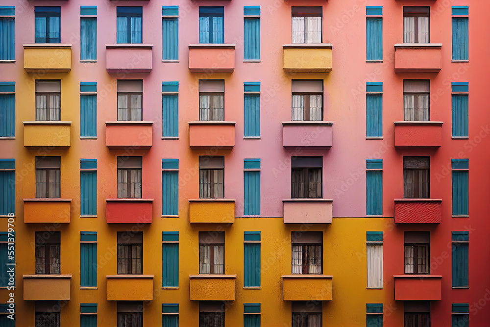 Colorful apartment building façade with balcony in Italian style