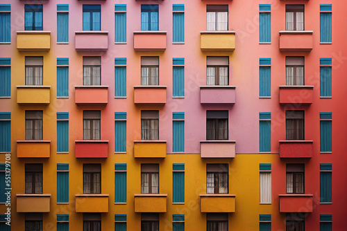 Tela Colorful apartment building façade with balcony in Italian style