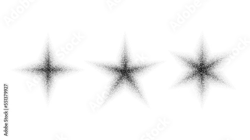 Dotted grain star set. Black noise texture asterisks collection. Black stippled flares. Halftone sparkles. Vector 