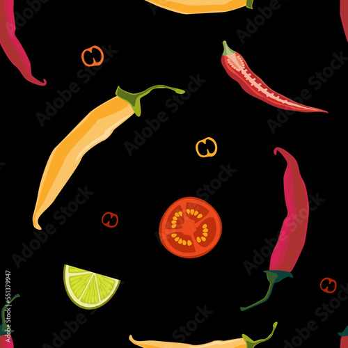Red spicy chili pepper vegetables on yellow background seamless pattern. Vector illustration.