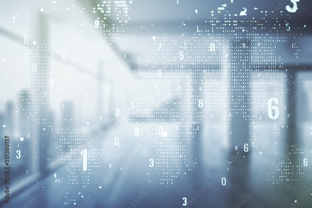 Multi exposure of abstract graphic coding sketch and world map on modern interior background, big data and networking concept Multi exposure of abstract graphic coding sketch and world map on modern interior background, big data and networking concept