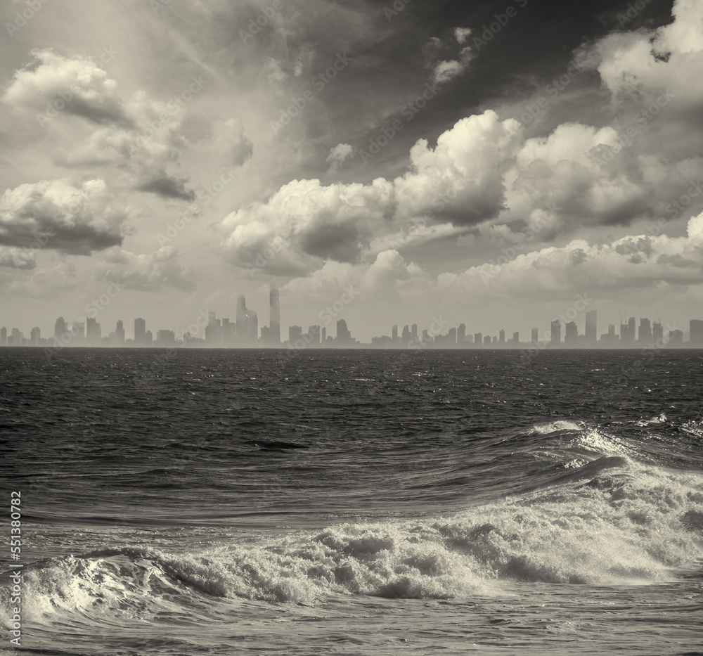 Skyline of Surfers Paradise at sunset - Skyscrapers over the water - Queensland, Australia