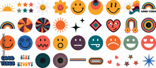 Collection of icons in retro groovy style. vector illustration