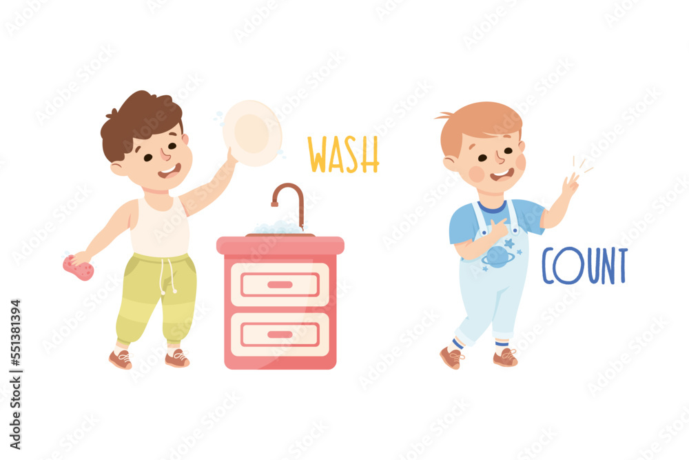 Little Boy Washing Dishes and Counting Demonstrating Vocabulary and Verb Studying Vector Set Little Boy Washing Dishes and Counting Demonstrating Vocabulary and Verb Studying Vector Set