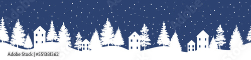 Vector hand drawn winter trees and houses border. Christmas seamless banner with forest, houses and snow. New Year's mood.
