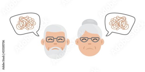 Dementia patient, alzheimer old man and woman vector, memory loss senior. Disease cartoon illustration