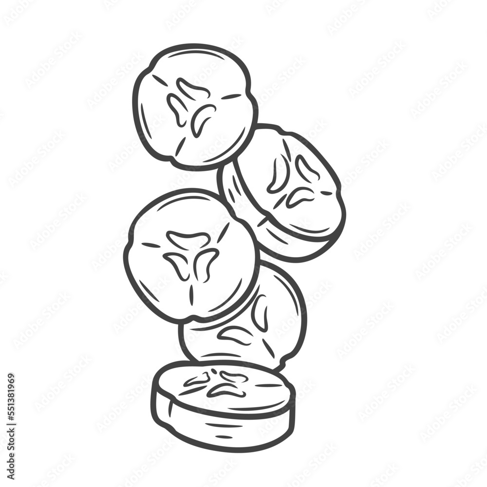 Banana slices fly in air line icon vector illustration. Hand drawn outline ripe juice pieces of fresh tropical fruit falling into summer vitamin dessert, natural banana cut into circles for eating Banana slices fly in air line icon vector illustration. Hand drawn outline ripe juice pieces of fresh tropical fruit falling into summer vitamin dessert, natural banana cut into circles for eating