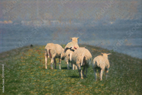 Fototapeta Naklejka Na Ścianę i Meble -  Serene landscape with grazing sheep on a dike at the North Sea. Watch as they enjoy the salty air and calm waters in this beautiful natural setting. With oil paint filter and canvas texture.