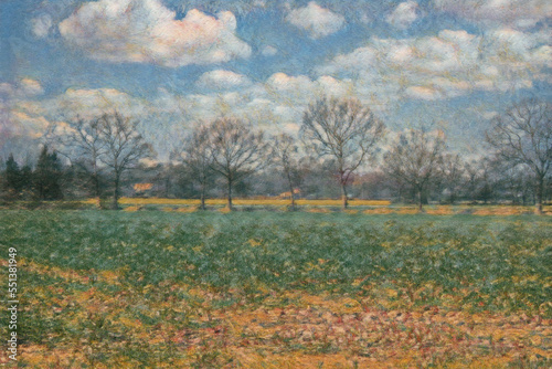 Digital painting of countryside landscape showing agricultural field and leafless trees under cloudy blue sky, impressionism, beautiful natural image for poster, wallpaper, art print etc.