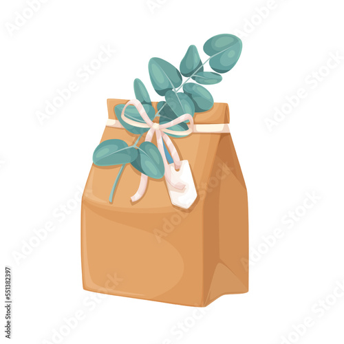 Eco paper bag vector illustration. Cartoon isolated package for gift with green eucalyptus plant, bow and label on ribbon, vintage ecobag for natural organic products, brown craft reusable bag