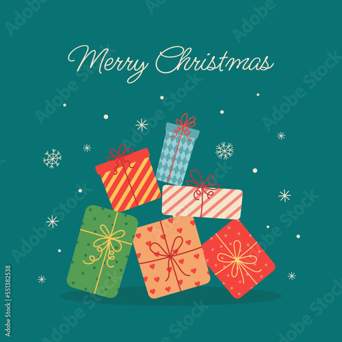 Christmas greeting card with a stack of gift boxes in beautiful wrapping paper and snowflakes. Flat cute vector illustration.