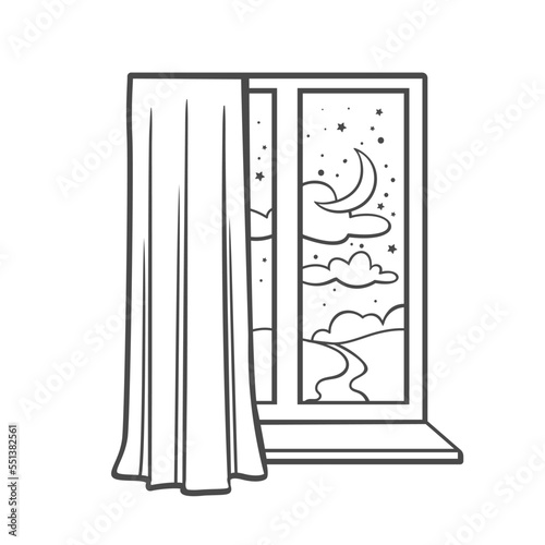 View from window at night line icon vector illustration. Hand drawn outline cute midnight landscape with half moon and clouds in sky, road to house inside glass window of home apartment with curtains
