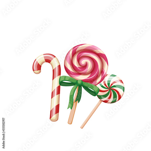 Christmas candy set vector illustration. Cartoon isolated striped cane, spiral mint lollipop and round caramel with swirls on sticks, sweet traditional candy gift for Xmas holidays or birthday party