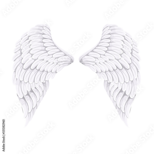 Bird or angel wing vector illustration. Cartoon isolated white long feather of wings, spiritual concept of freedom, dream, peace and fantasy