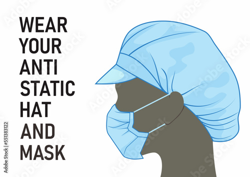 Wear your anti static hat and mask safety precaution. Man or woman head shape using industrial protective wear.