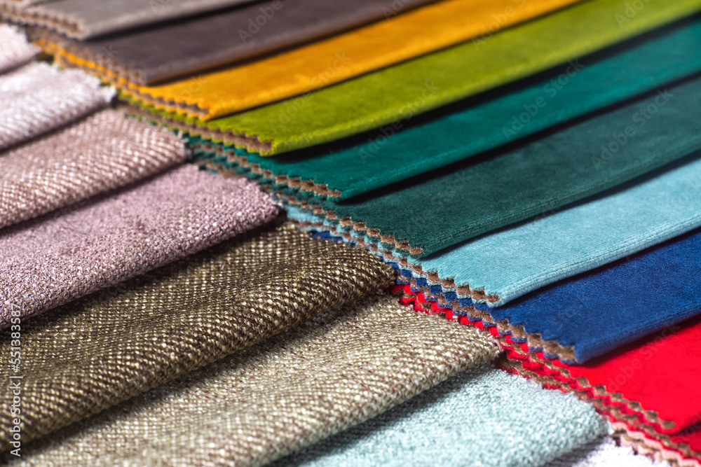 Bright collection of colorful textile samples. Fabric swatches, set in ...