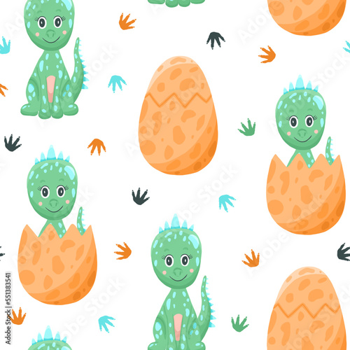 Seamless pattern with baby dino in egg shell. Vector cartoon illustration