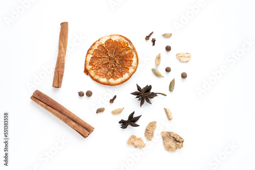 a set of spices for a warming drink in winter. ingredients for winter hot drinks(tea, mulled wine, punch).