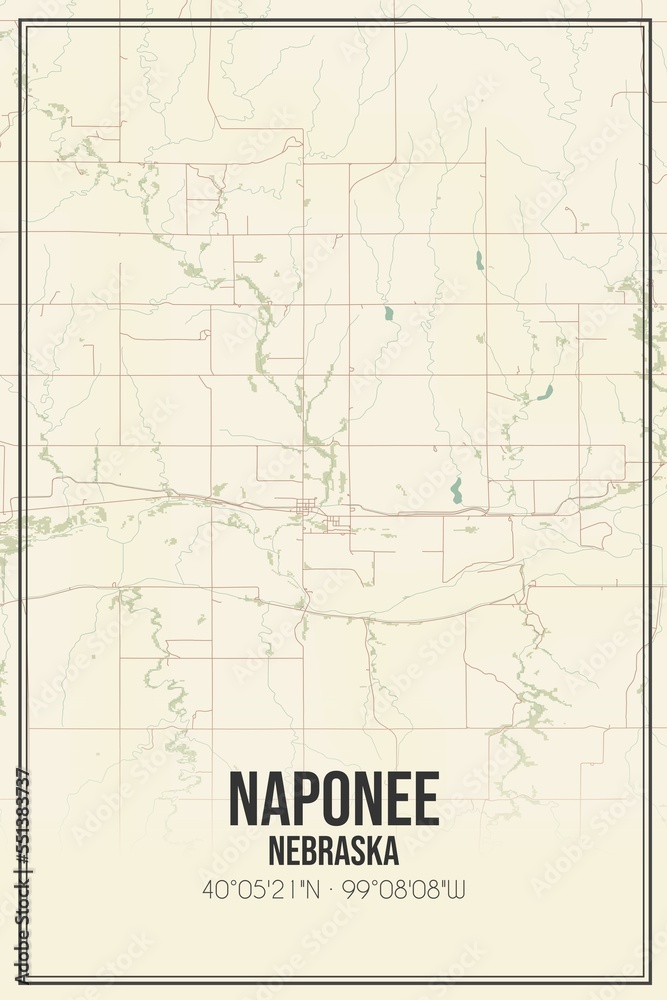 Retro US city map of Naponee, Nebraska. Vintage street map.