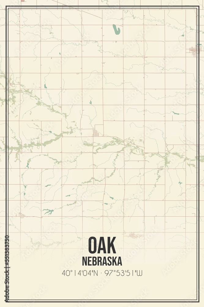 Retro US city map of Oak, Nebraska. Vintage street map.