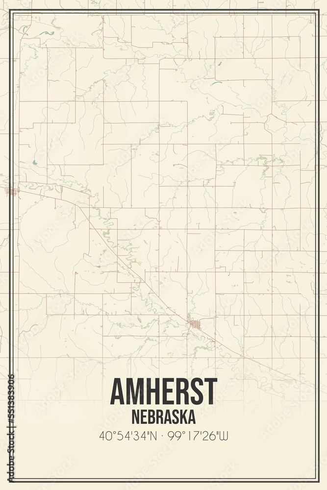 Retro US city map of Amherst, Nebraska. Vintage street map.