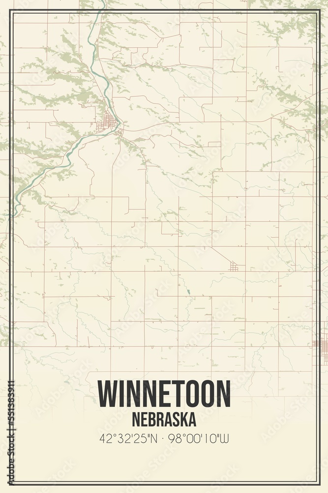 Retro US city map of Winnetoon, Nebraska. Vintage street map.