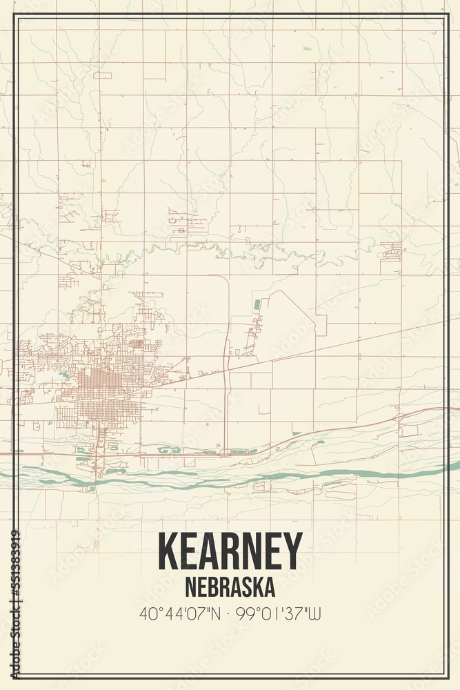 Retro US city map of Kearney, Nebraska. Vintage street map.