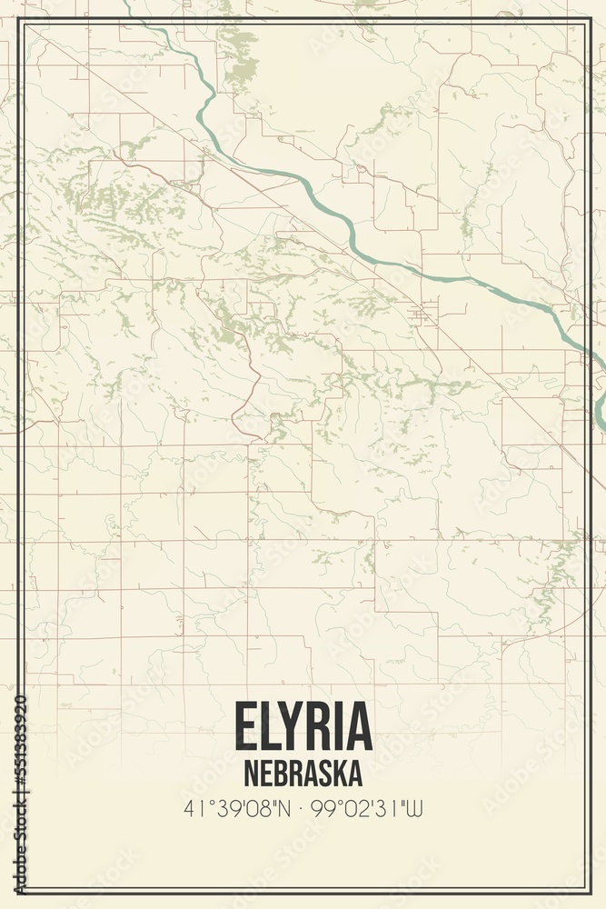 Retro US city map of Elyria, Nebraska. Vintage street map.