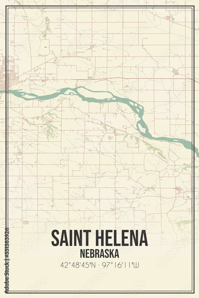 Retro US city map of Saint Helena, Nebraska. Vintage street map.
