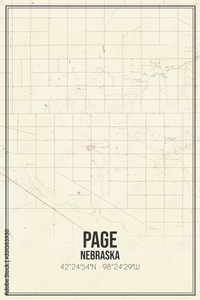 Retro US city map of Page, Nebraska. Vintage street map.