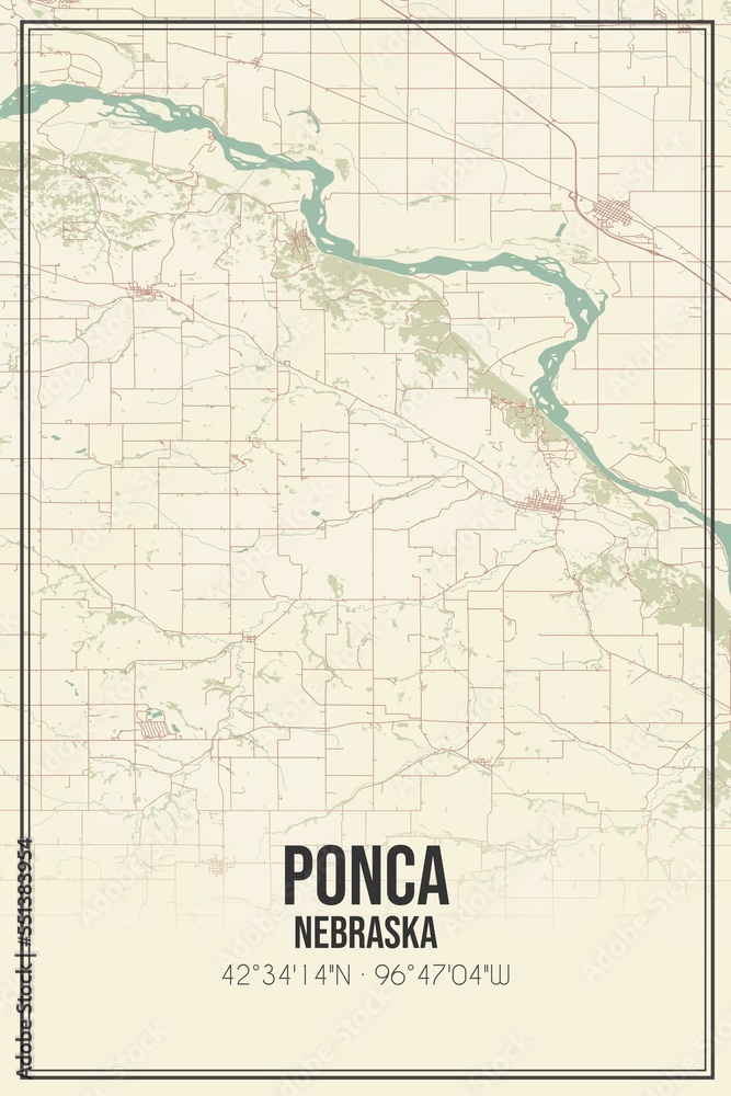 Retro US city map of Ponca, Nebraska. Vintage street map.