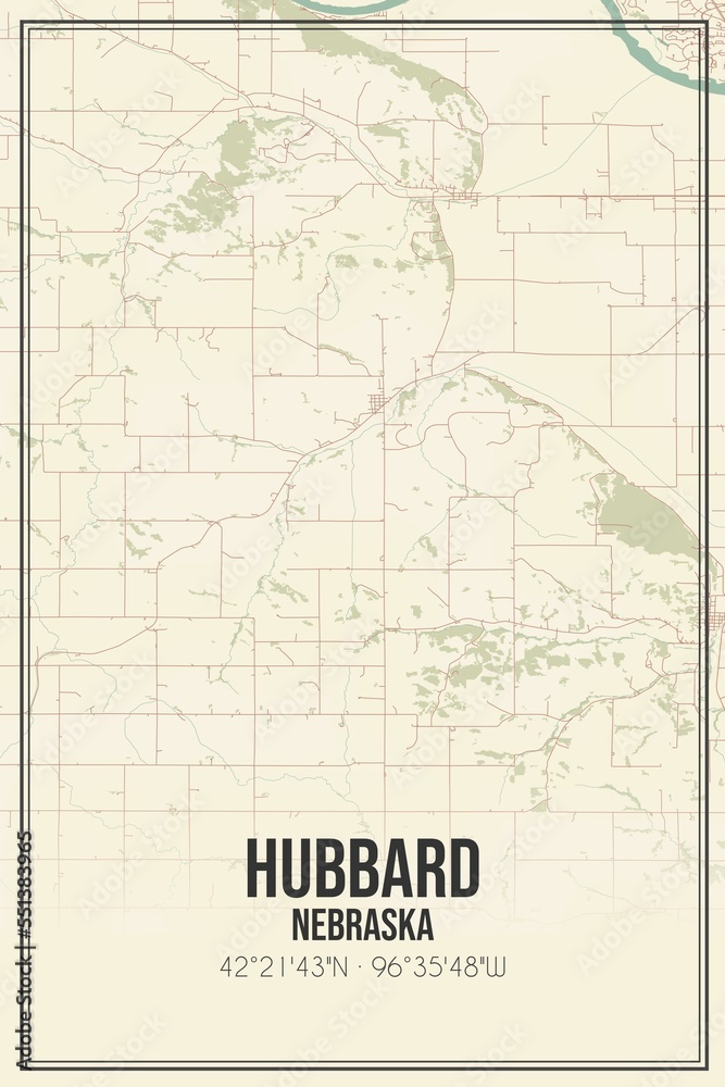 Retro US city map of Hubbard, Nebraska. Vintage street map.