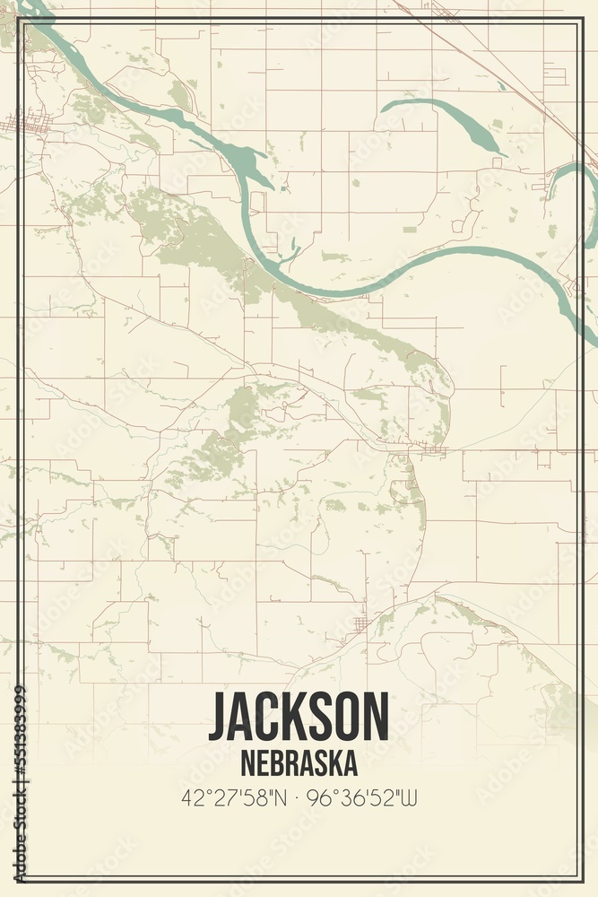 Retro US city map of Jackson, Nebraska. Vintage street map.