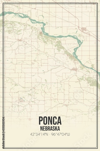 Retro US city map of Ponca  Nebraska. Vintage street map.