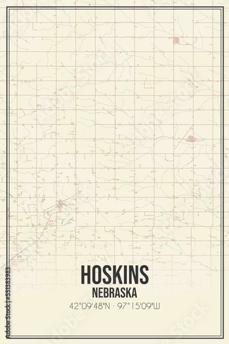 Retro US city map of Hoskins, Nebraska. Vintage street map.