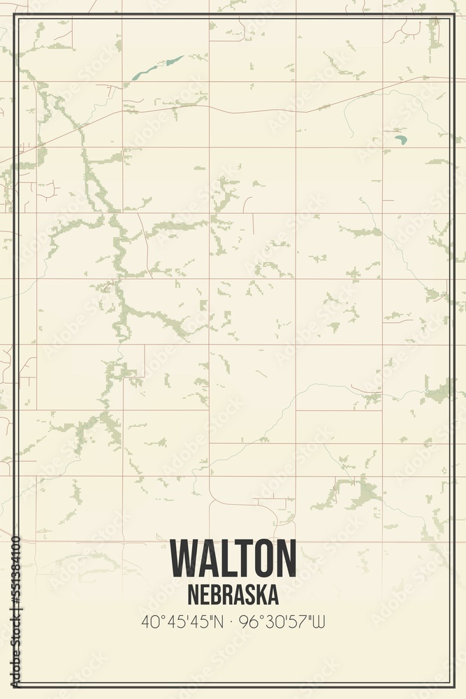 Retro US city map of Walton, Nebraska. Vintage street map.