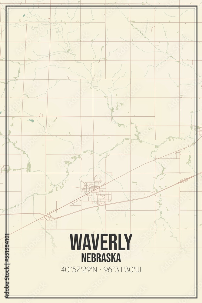 Retro US city map of Waverly, Nebraska. Vintage street map.