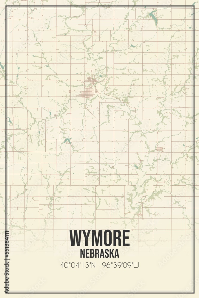 Retro US city map of Wymore, Nebraska. Vintage street map.