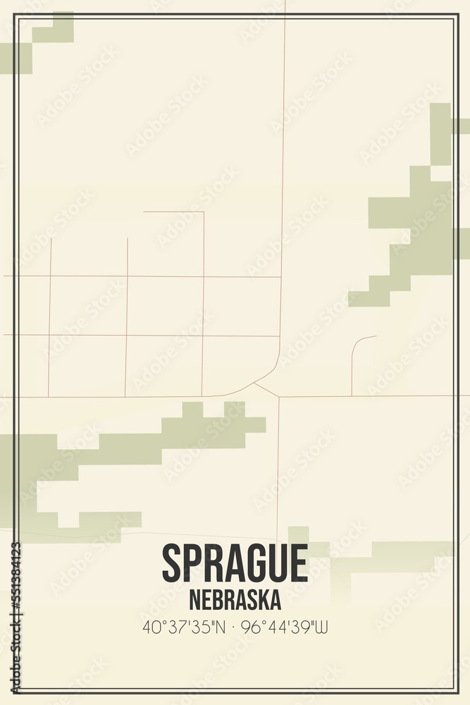 Retro US city map of Sprague, Nebraska. Vintage street map.